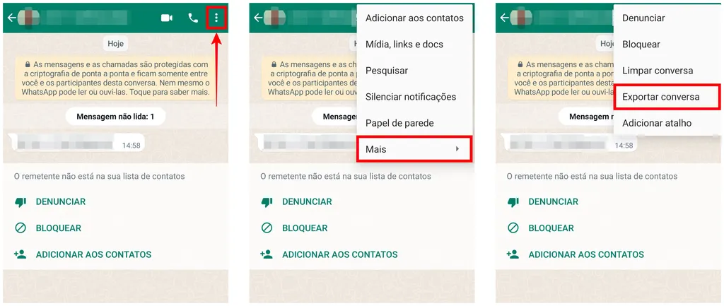 No Android: tocar nos três pontinhos, depois Mais, depois Exportar conversa