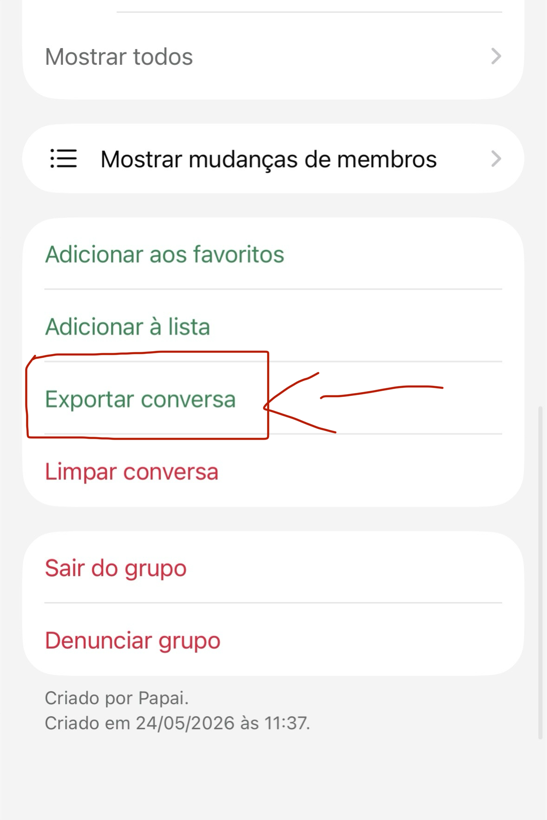 Passo 2 no iPhone: descer e tocar em Exportar conversa
